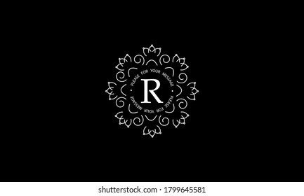 Elegante modelo de monograma redondo con letra R. Logo blanco creativo con fondo negro. Ilustración vectorial de negocios, café, oficina, restaurante, heralgia.