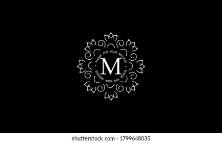Elegant round monogram template with letter M. Creative white logo on black background. Vector illustration of business, cafe, office, restaurant, heraldry.