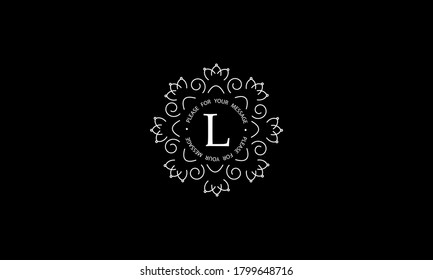 Elegant round monogram template with letter L. Creative white logo on black background. Vector illustration of business, cafe, office, restaurant, heraldry.