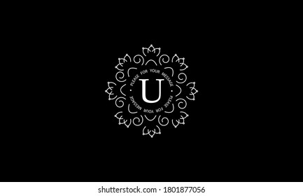 Elegant round monogram template with letter U. Creative white logo on black background. Vector illustration of business, cafe, office, restaurant, heraldry.