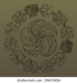 Elegant round ornament, wreath made of hand drawn leaves and fruits. Horn of plenty. Outline fruits and vegetables arranged on a circle. Vector medallion
