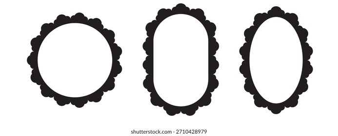 Elegantes marcos redondos y ovalados con intrincados bordes de encaje. Los bordes festoneados negros añaden encanto vintage a los diseños decorativos de estilo espejo para logotipos y monogramas.