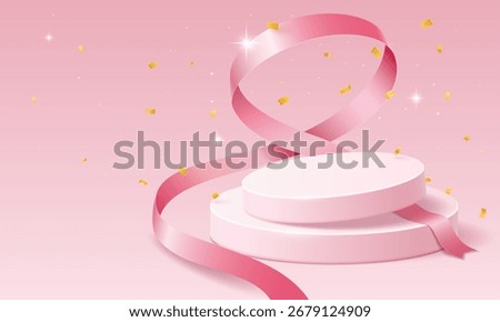 An elegant round podium with smooth orange silk ribbons on a light pink background with gold confetti, particles and bright stars. Vector 3d illustration.