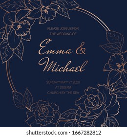 Elegant Round Vector Design Frame With Narcissus, Peony, Rose Flowers. Luxury Shiny Gold Copper Gradient On Dark Blue Navy Background. Wedding Event Invitation Card Template.