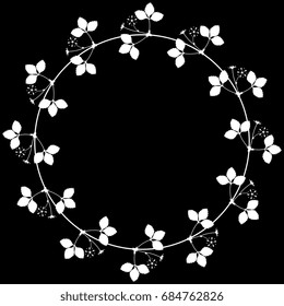 Elegant round vignette or frame with floral motifs of strawberry flowers. Isolated white silhouette on black. Perfect design element, text frame, background or border.