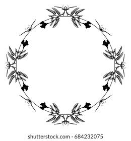 Elegant round vignette or frame with four floral motifs of summer meadow vetch flowers. Isolated black silhouette on white. Perfect design element, text frame, background or border.