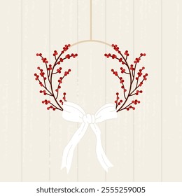 Elegant round wreath of rowan branches and white bow. Natural circular decoration hanging from rustic wall. Minimalistic botanical garland. Perfect for greeting cards, banner, invitations