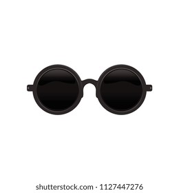 Elegant round/circular sunglasses with black lenses and metal frame. Protective eyewear. Flat vector icon of fashion accessory