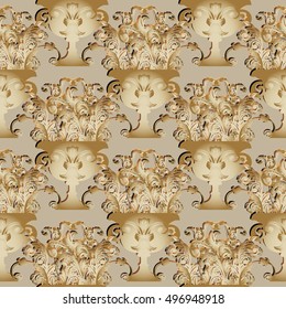 Elegant royal baroque damask light beige floral vector seamless pattern background wallpaper illustration with 3d antique gold flowers,leaves and ornaments in ancient vase. Baroque 3d flowers in vase