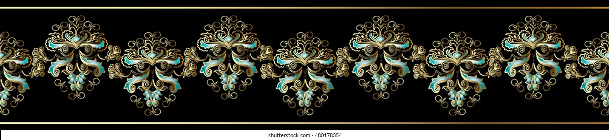 Elegant royal baroque damask vector seamless pattern border background wallpaper illustration with stylish decorative vintage   black gold blue antique ornaments. Endless luxury texture.