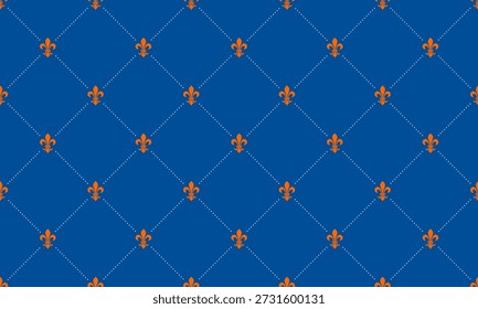 Elegante fundo azul real com um padrão repetitivo de símbolos de fleurdelis laranja dispostos em uma grade de diamante sutil.