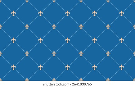 Elegant royal blue background with a repeating pattern of fleurdelis, creating a sophisticated and classic design perfect for websites, invitations, or textile prints.