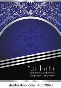 An Elegant Royal Blue Background Vector With Ornate Silver Leaf Design Elements.