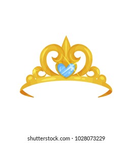 Elegant royal crown decorated with big blue gemstone in shape of heart. Princess tiara with precious stone. Woman s head accessory. Colorful flat vector design