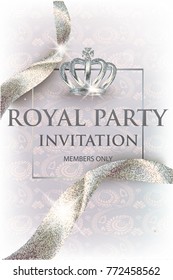 Elegant royal invitation white card with sparkling ribbons and crown. Vector illustration