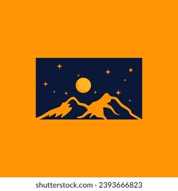elegant royal luxury vector of mountain hill peak rocky top mount landscape beautiful night midnight moon stars nature view over a yellow background with square shield stamp label badge emblem logo