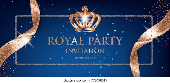 Elegante carta de invitación de la Royal Party con lazos y corona brillantes beige. Ilustración del vector
