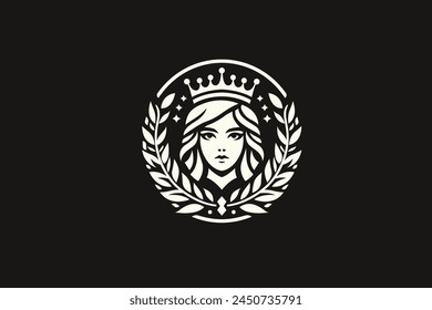 The Elegant Royal Queen from Kingdom Badge Logo with Retro Style. Forward Facing Female Figure, Symbolizing Royalty.