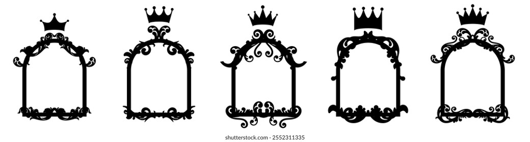 Elegantes remolinos reales con corona, Elementos decorativos de Victorian Scrolls, divisores de texto de líneas caligráficas vintage, Elementos de corona de lujo premium