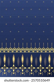 Elegant Royal Thai Pattern - Luxurious Blue and Gold Traditional Textile Design. Intricate Decorative Ornaments Featuring Classic Thai Cultural Motifs with Golden Accents, Stars, and Intricate Borders