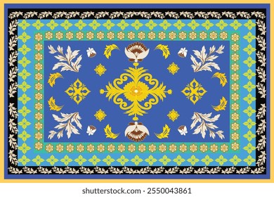 Elegant rug features a blue background, golden floral patterns, beige accents, decorative butterflies, and layered borders in green, black, and yellow, creating a rich and traditional aesthetic design