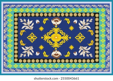 Elegant rug features a dark blue background, golden floral patterns, beige accents, decorative butterflies, and layered borders in green, light blue, and black, creating a luxurious traditional design