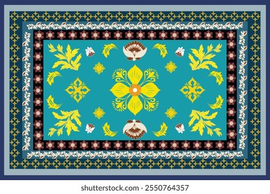 Una elegante alfombra con un fondo turquesa, intrincados patrones florales dorados, mariposas decorativas y bordes en capas en negro, azul marino y gris, creando un diseño lujoso y tradicional