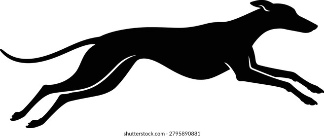 Elegant running greyhound silhouette capturing peak speed and grace in mid-stride. Perfect for pet brands, dog racing, sports logos