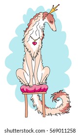 Elegant russian wolfhound girl in crown and jewels sitting on pink pillow. Sweet female borzoi looking like a princess. Hand drawn vector illustration on white background.