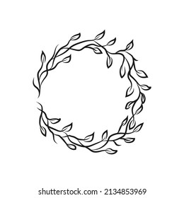 Elegant rustic frame for summer design. Doodle hand drawn decorative wreath with branch, herb, plant, leave and flower, floral.Vector isolated design elements.