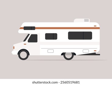 An elegant RV stands against a simple backdrop, highlighting its clean lines and functional design, This vehicle represents freedom and adventure on the open road