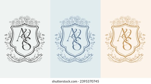 Elegant A and S initial letter wedding crest monogram logo. Floral crest design for wedding invitations vector illustration.