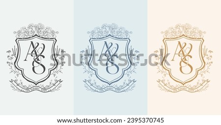 Elegant A and S initial letter wedding crest monogram logo. Floral crest design for wedding invitations vector illustration.
