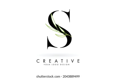 Elegant S letter logo design with long leaves branch vector illustration. Creative icon with letter S and natural elements.