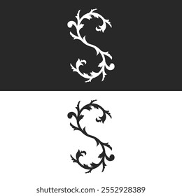 Elegant S shaped letter monogram logo white and black design with botanical elements and ornate leaf, for beauty salon, boutique feminine emblem or nature-inspired graphic projects.