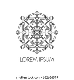 Elegant sacred geometry complex round symbol with text template. Math, nature, and spirituality. Black and white. Monochrome. Line style sign. Vector logo design element. 