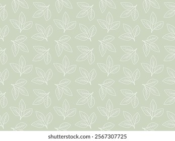 Elegant sage green background featuring a seamless pattern of delicate white leaves. Perfect for textile prints, wallpaper, stationery, and website design.