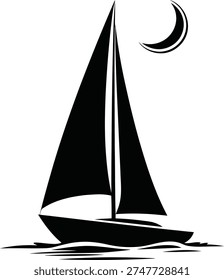 Elegant sailboat glides smoothly under a serene crescent moon