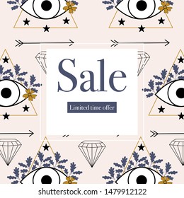 Elegant sale banner with eyes and purple and gold flowers.Vector elements. Geometric banner, perfect for your sale promotions
