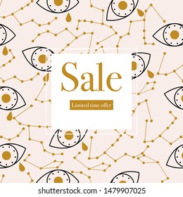 Elegant sale banner with golden eye and celestial elements.Vector elements. Geometric banner, perfect for your sale promotions