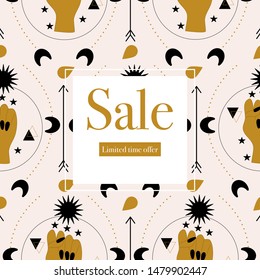 Elegant sale banner with hands and celestial elements.Vector elements. Geometric banner, perfect to use for your sale promotions