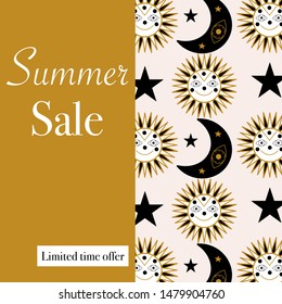 Elegant sale banner with sun, moon and stars. Vector elements. Geometric banner, perfect to use for your sale promotions