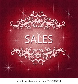 Elegant sale card with pattern, floral design, decorated shiny stars on red background. Vector Illustration