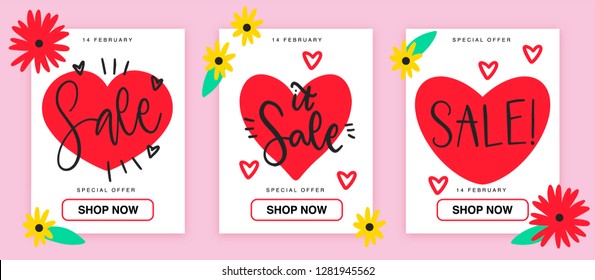 Elegant sale and discount promo backgrounds for St Valentine's Day. Email ad newsletter layouts