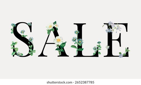 Elegante texto 'SALE' adornado com desenhos florais. As flores decoram as letras 'SALE', criando um tema de venda inspirado na natureza. Perfeito para promoções de venda. Vetor de palavras e tipografia.