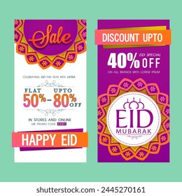 Elegant Sale website banners set with different discount offer for Muslim Community Festival, Eid Mubarak celebration.