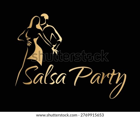 Elegant salsa party logo with stylized dancing couple in gold gradient on black background. Luxury latin dance design with flowing lines and dynamic movement. Perfect for dance events posters branding