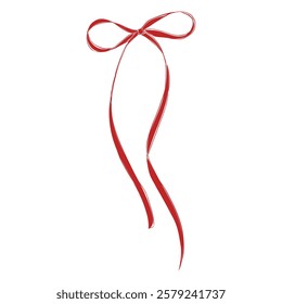 Elegant Satin Bow with Long Thin Ribbons – Hand-Drawn Minimalist Vector Illustration of a Delicate Flowing Ribbon in an Ornate Linear Style