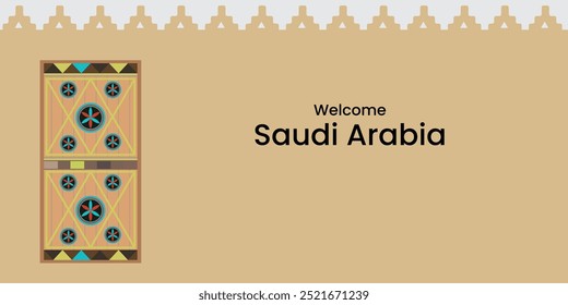 Elegante diseño de puerta de Arabia Saudita - Anuncio de bienvenida con patrones de arte cultural en beige