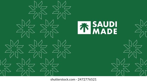 Elegante Saudi Made Emblem: Authentische Kulturmarken mit traditionellen arabischen Motiven auf einem lebendigen grünen Hintergrund - symbolisiert Qualität und Handwerkskunst aus Saudi-Arabien